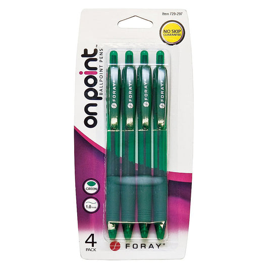 FORAY Retractable Ballpoint Pens, 1.0 mm, Medium Point, Green Barrels, Green Ink Pack Of 4