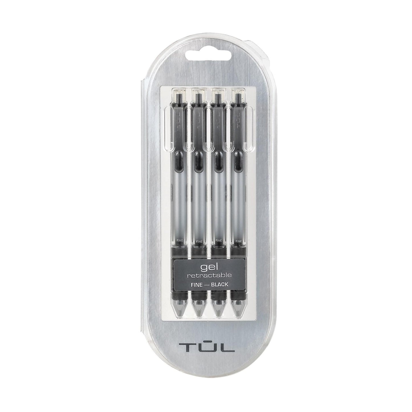 TUL Gel Pens, Retractable, Fine Point, 0.5 mm, Silver Barrel, Black Ink, Pack Of 4