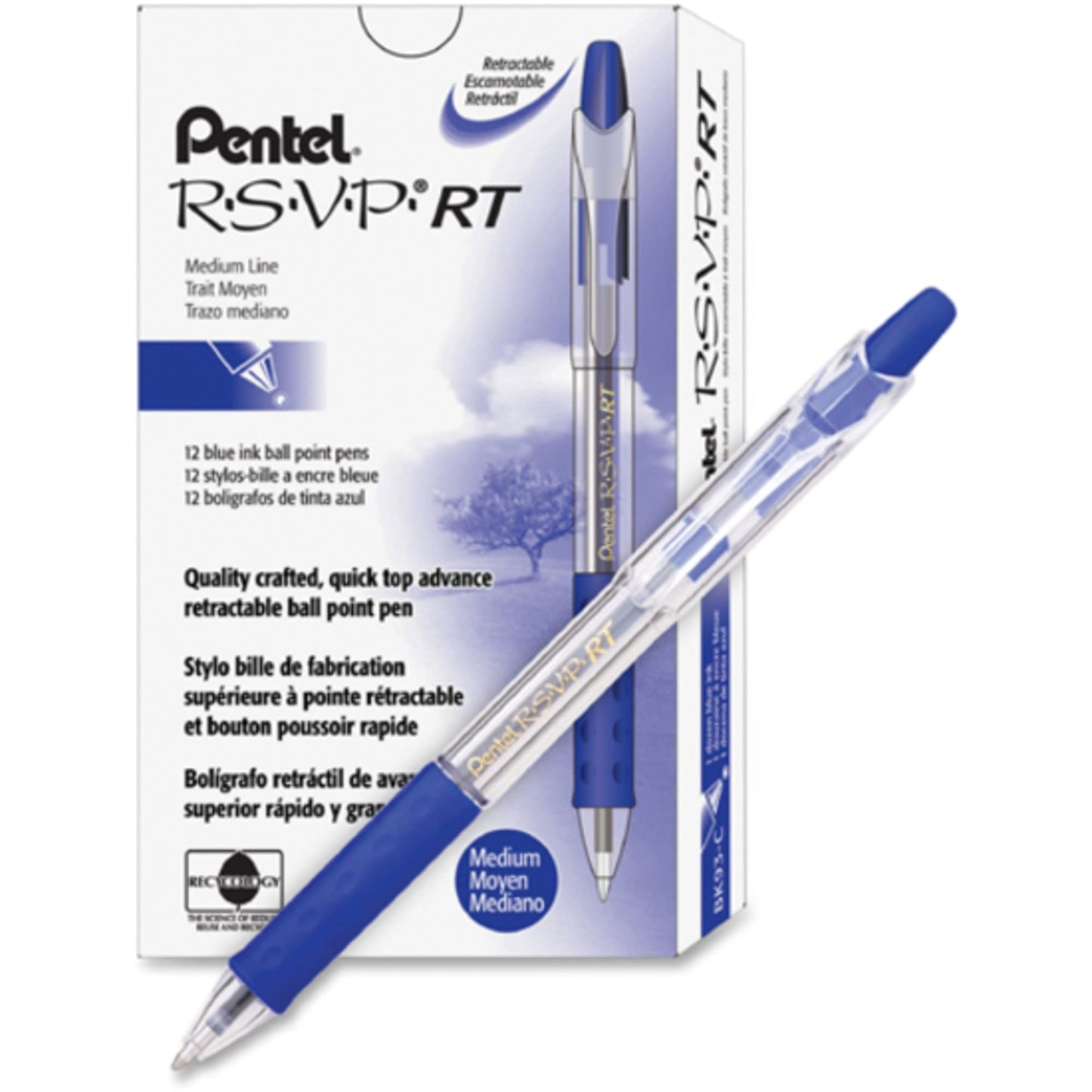 Pentel� R.S.V.P.� RT Retractable Ballpoint Pens, Medium Point, 1.0 mm, 61% Recycled, Transparent Blue Barrel, Blue Ink, Pack Of 12 Pens