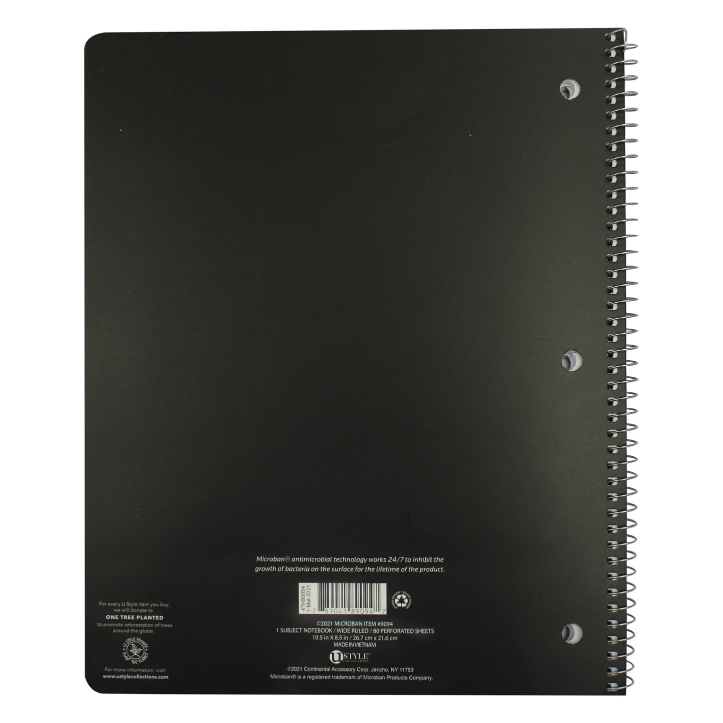 U Style Notebook With Microban, 8-1/2" x 10-1/2", 1 Subject, Wide Ruled, 80 Sheets, Black