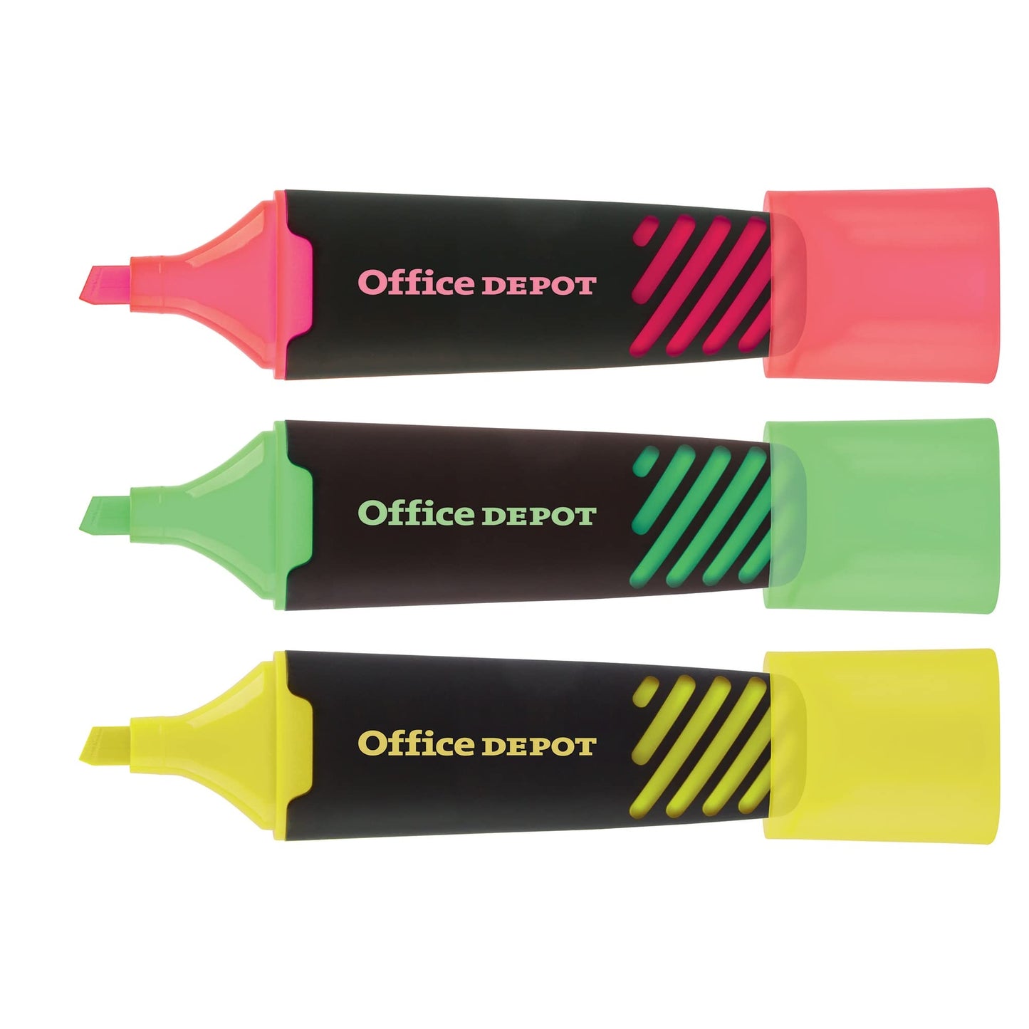 Office Depot® Brand Liquid Highlighters, Chisel Point, Black/Translucent Barrel, Assorted Ink Colors, Pack Of 3