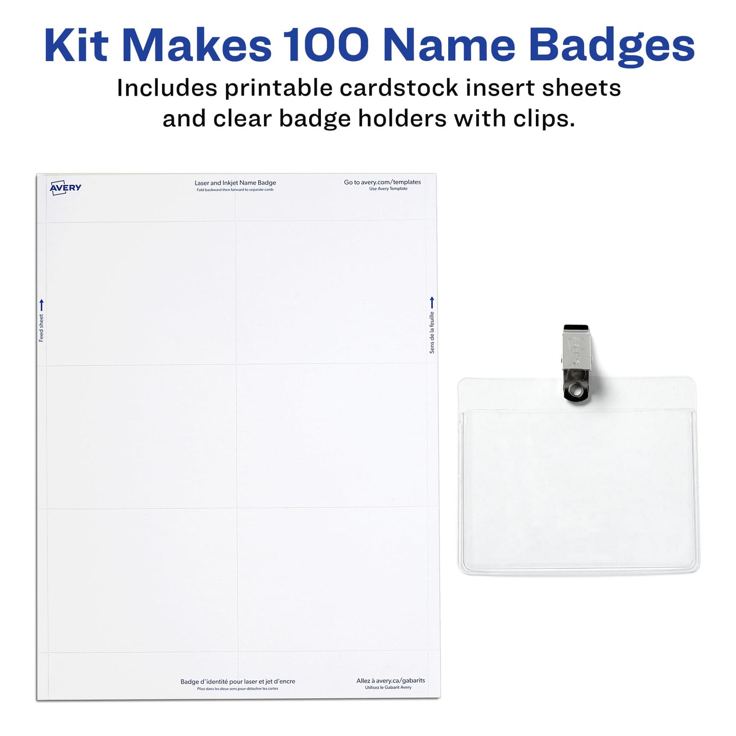 Avery Customizable Name Badges with Clips, 2.25" x 3.5", Clear Name Tag Holders with White Printable Inserts, 100 Clip Style Name Badges (74461)