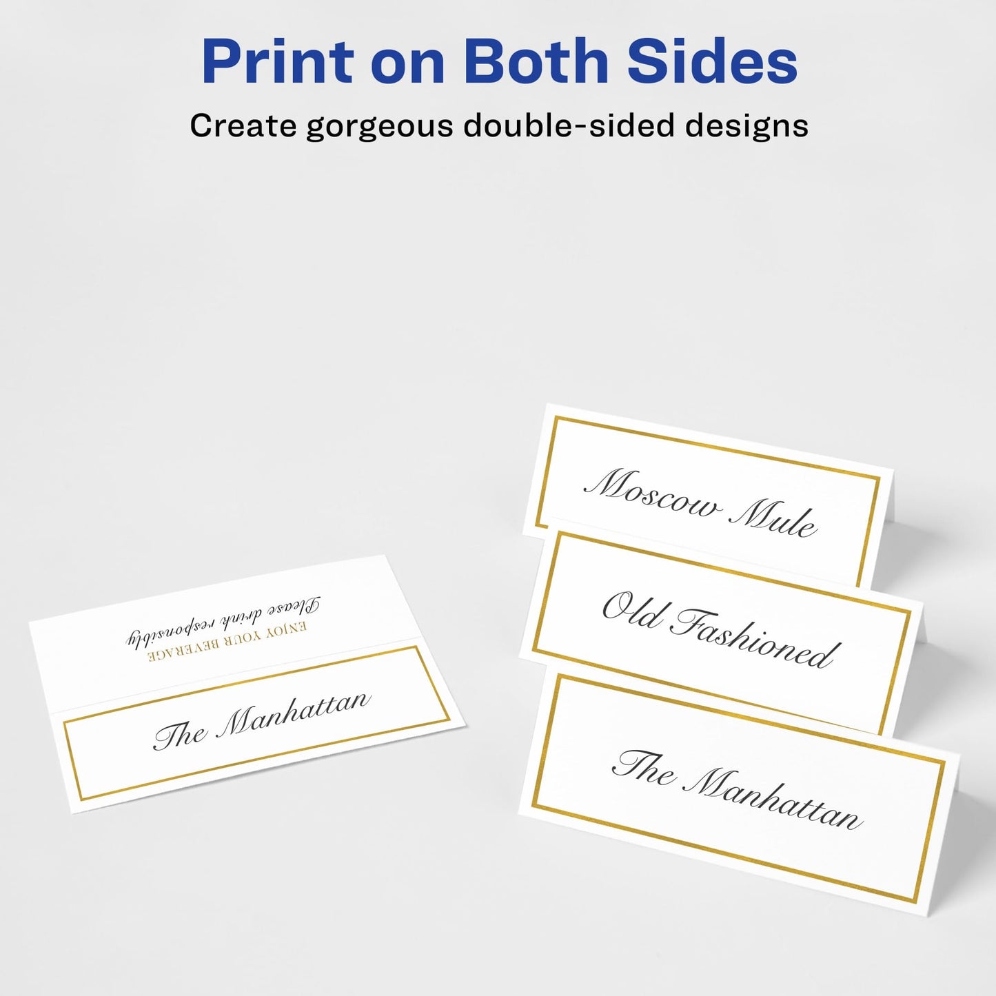 Avery® Printable Place Cards With Sure Feed Technology, 1-7/16" x 3-3/4", White With Gold Border, 150 Blank Place Cards