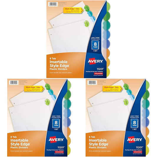 Avery Insertable Style Edge Plastic Dividers for 3 Ring Binders, 8-Tab Set, Multicolor, 1 Set (11201) (Pack of 3)