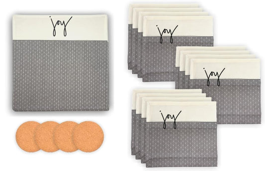 Covrick 20-Piece Joy Placemat Napkin & Coaster Set - 4 Embroidered Cotton Table Mats for Kitchen Dining Table + 12 Matching Cotton Napkins + 4 Heat Resistant Cork Coasters (White Cottage Style)
