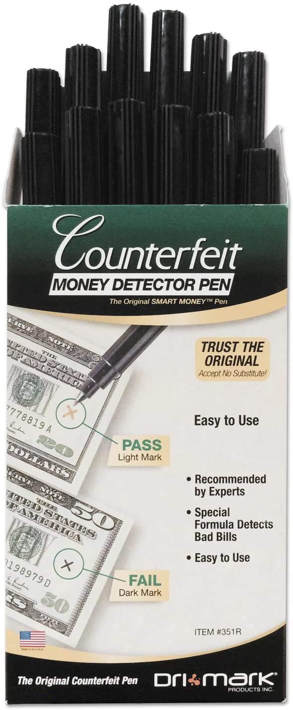 Dri Mark 351R1 Counterfeit Bill Detector Marker Pen - Made in The USA 3 Times More Ink, Pocket Size, Fake Money Checker, Money Loss Prevention Tester & Fraud Protection for U.S. Currency (Pack of 12),Black