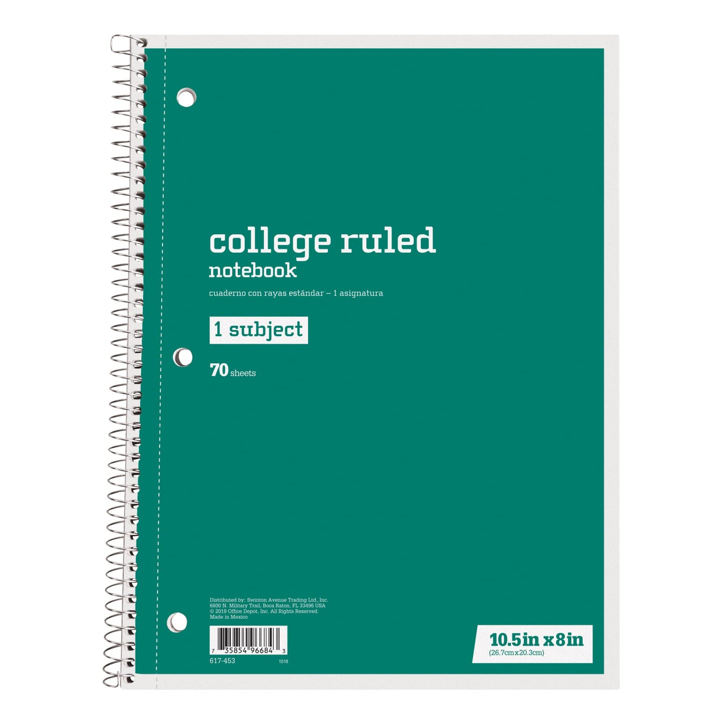 Just Basics® Spiral Notebook, 7 1/2" x 10 1/2", College Ruled, 140 Pages (70 Sheets), Green