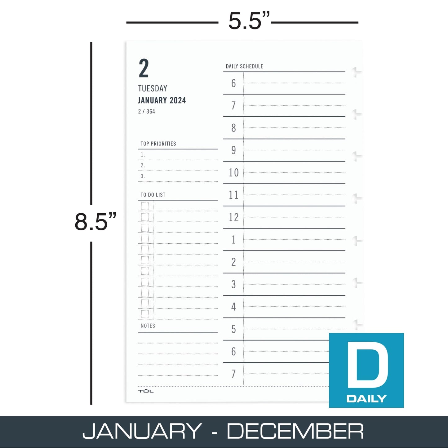 2024 TUL® Discbound Daily Planner Refill Pages, Hourly Appointment Times, Junior Size, January to December