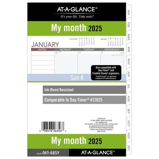 AT-A-GLANCE 2025 Planner Refill, Monthly, 5-1/2" x 8-1/2", Desk Size, Loose-Leaf, Unruled Blocks (061-685Y-25)