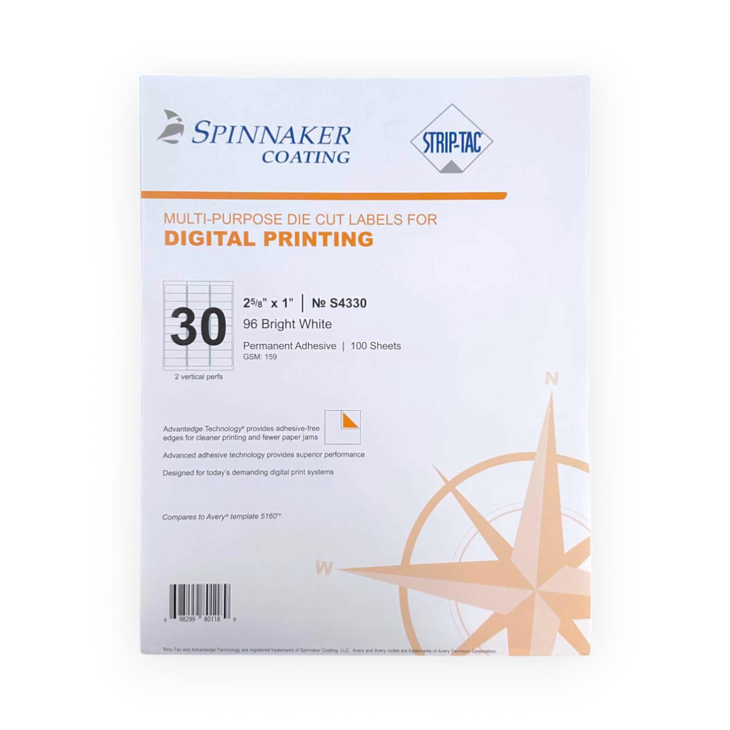 Strip-Tac Spinnaker Coating Die Cut Labels for Digital Printing, 2 5/8" x 1", 30 Labels Per Sheet, 100 Sheets, Bright White