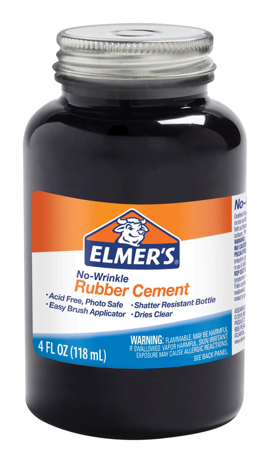 Elmer's No-Wrinkle Rubber Cement, Clear, Brush Applicator, 4 Ounce