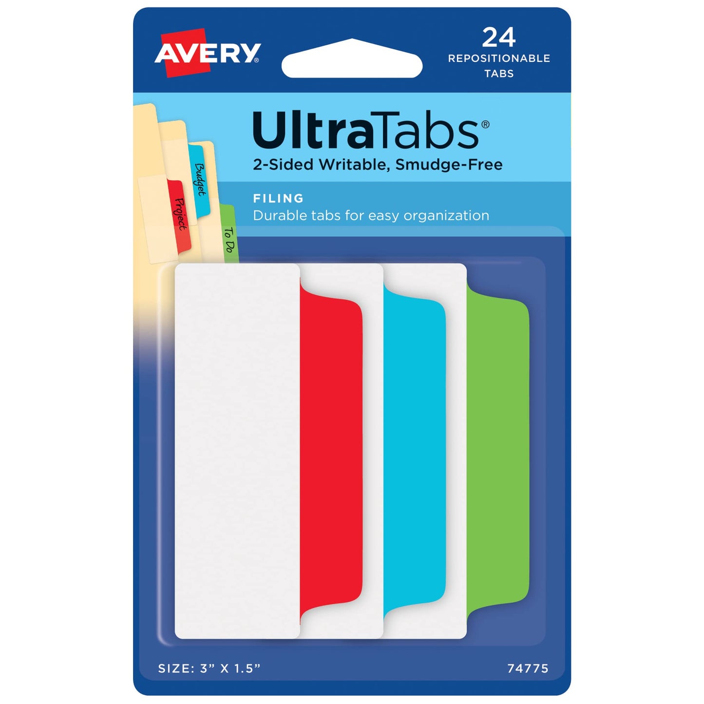 Avery Filing Ultra Tabs, 3" x 1.5", 2-Side Writable, Red/Blue/Green, 24 Repositionable File Tabs (74775)