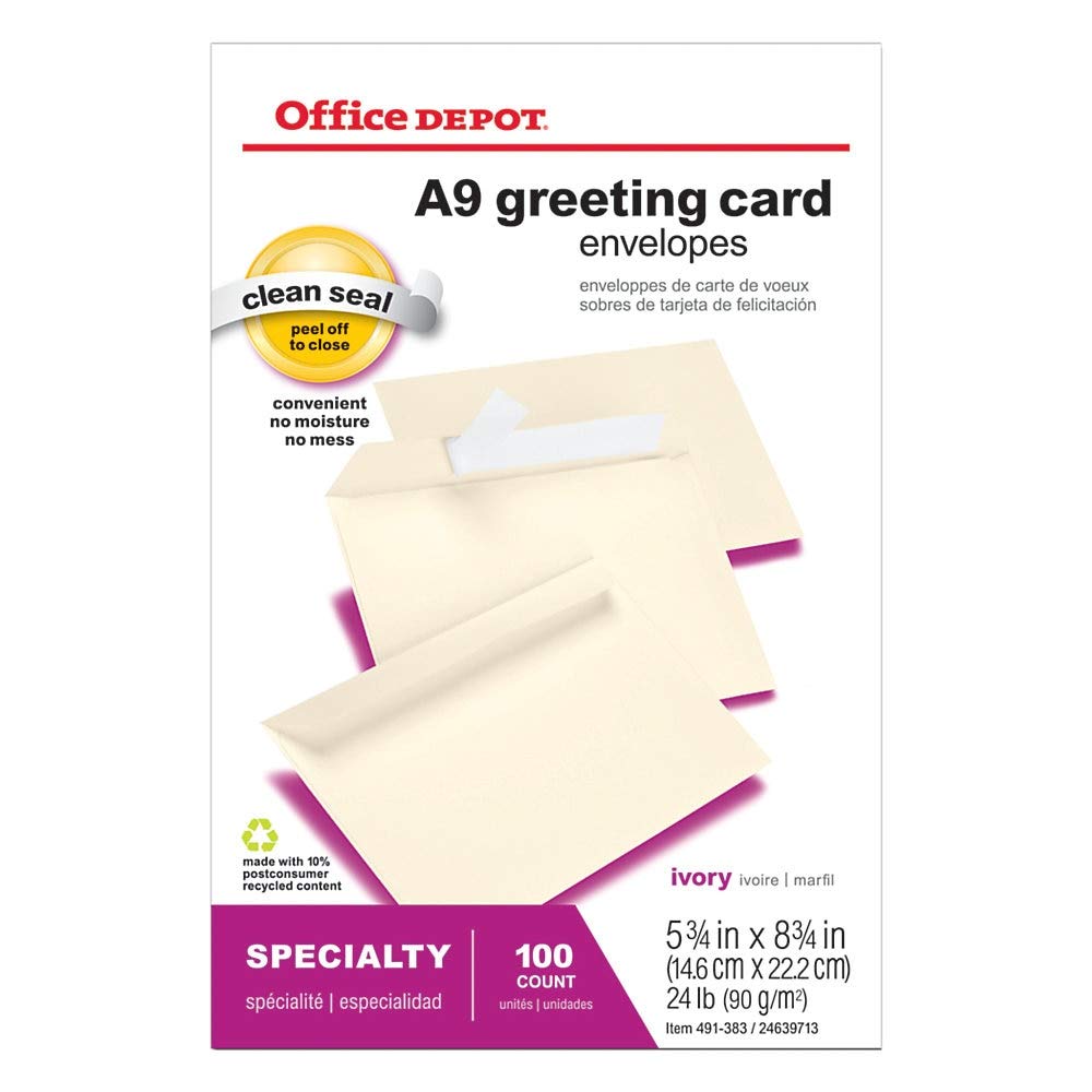 Office Depot Brand Greeting Card Envelopes, A9, Clean Seal, 5 3/4" x 8 3/4", Ivory, Box of 100