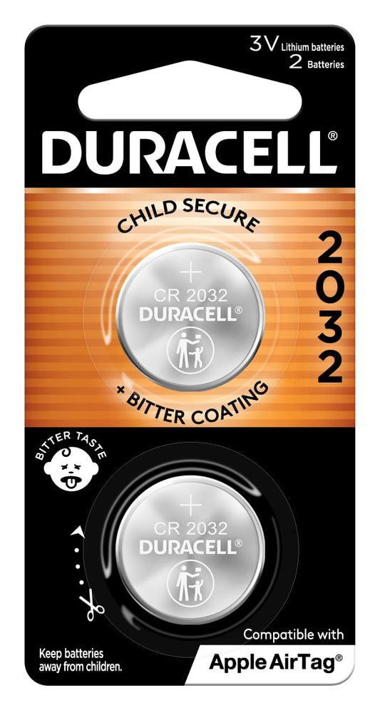Duracell 2032 Lithium Battery. 2 Count Pack. Child Safety Features. Compatible with Apple AirTag, Key Fob, and other devices. CR2032 Lithium 3V Cell. 2032 Battery, Lithium Coin Battery