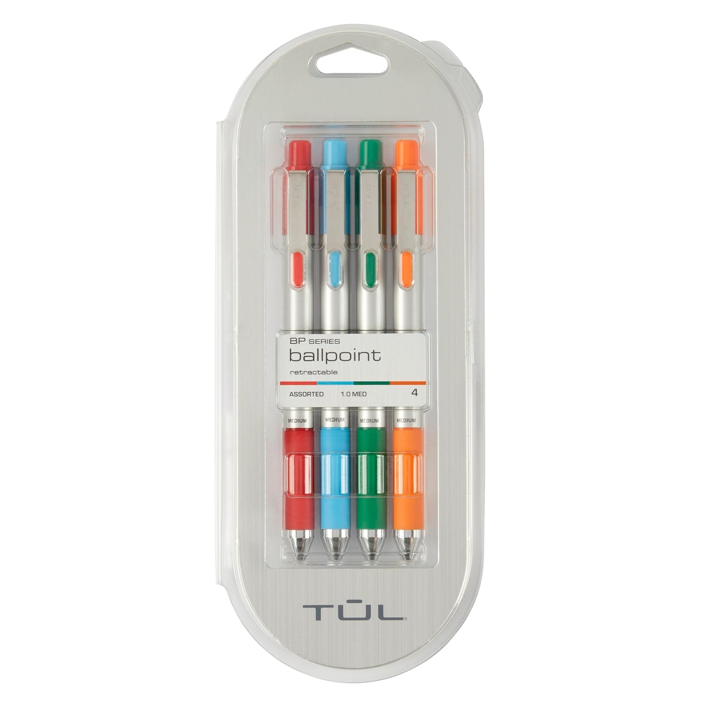 TUL® BP Series Retractable Ballpoint Pens, Medium Point, 1.0 mm, Silver Barrel, Assorted Inks, Pack of 4 Pens