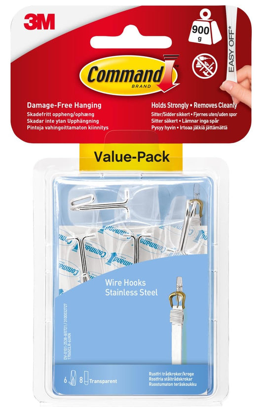 Command Medium Clear Wire Toggle Hooks, 6 Hooks and 8 Command Strips, Damage Free Hanging Wall Hooks with Adhesive Strips, Adhesvie Hooks for Hanging Christmas Decorations, Holds up to 2 lb