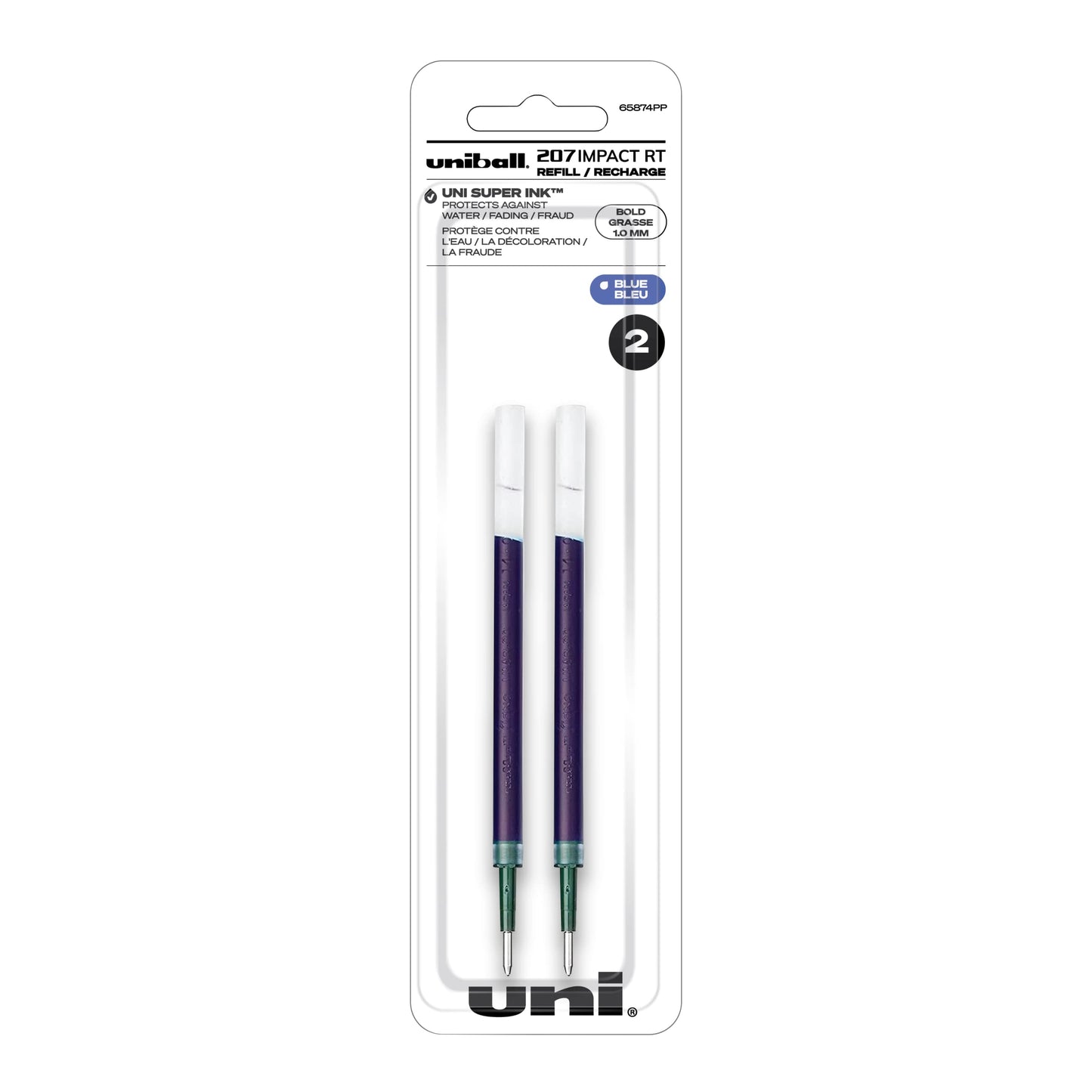 Uniball Signo 207 Impact RT Retractable Gel Pen Refill, 2 Blue Pen Recharges, 1.0mm Bold Point Gel Pens