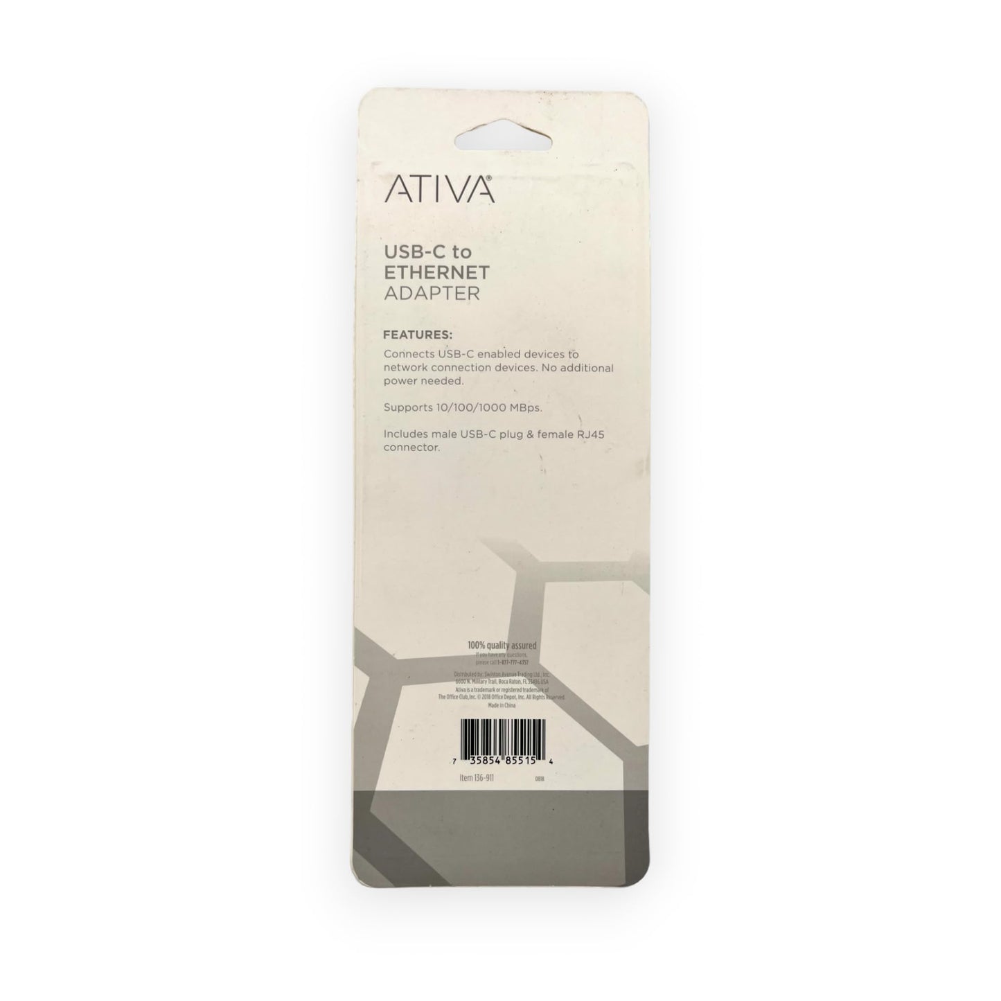 ATIVA USB Type-C to Ethernet Adapter Cable, 4.7", White - High-Speed Internet Connectivity for Laptops and Devices