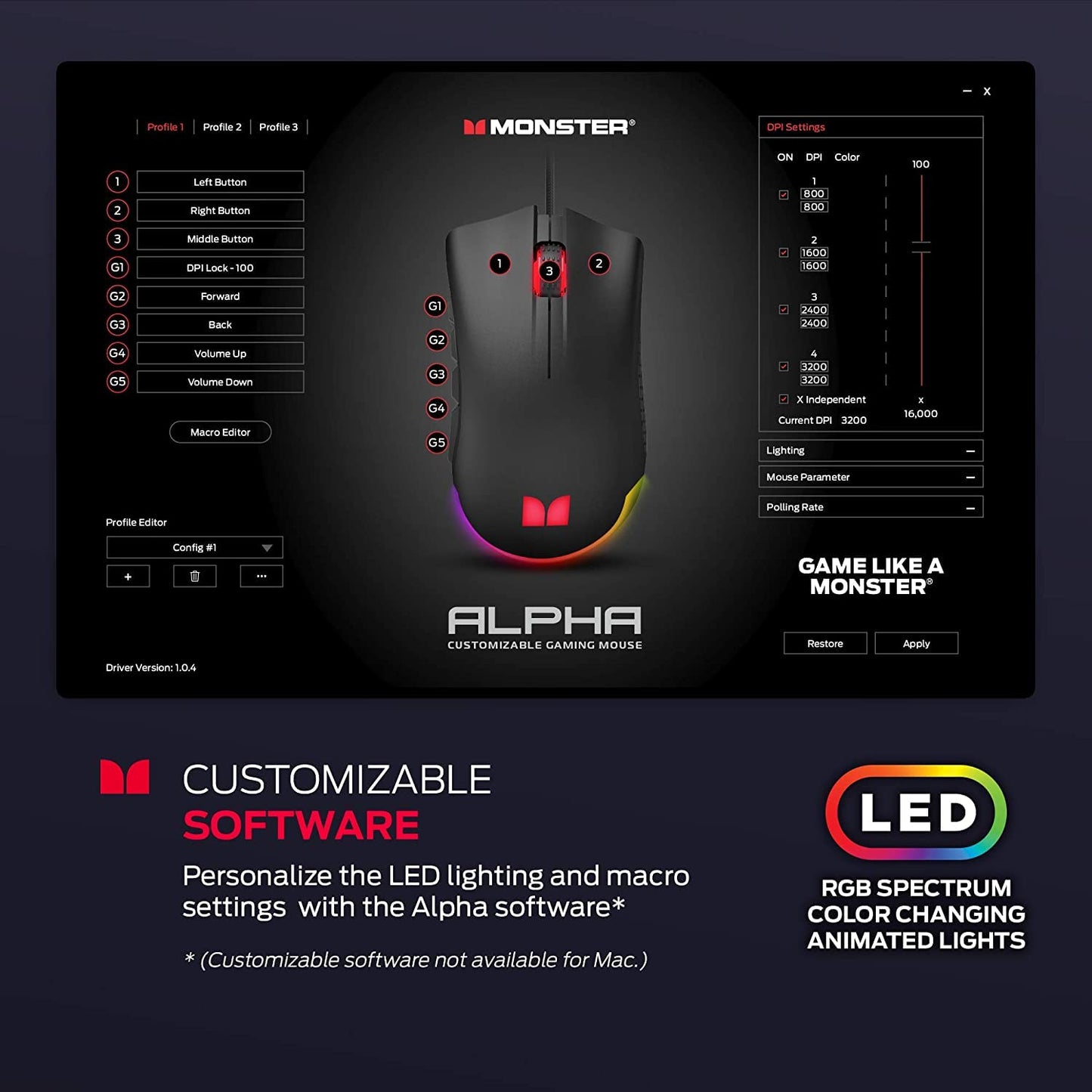 Monster Alpha 9.0 RGB Wired Gaming Mouse, Customizable Buttons, Programmable LED Lighting, True 16,000 Adjustable DPI, Ergonomic Optical PC Gaming Mouse with Customizable Software � for PC Gaming