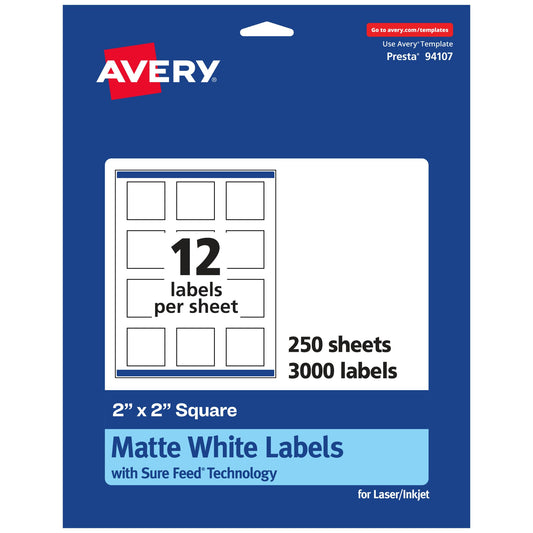 Avery Matte White Square Labels with Sure Feed, 2" x 2", 3,000 Matte White Printable Labels