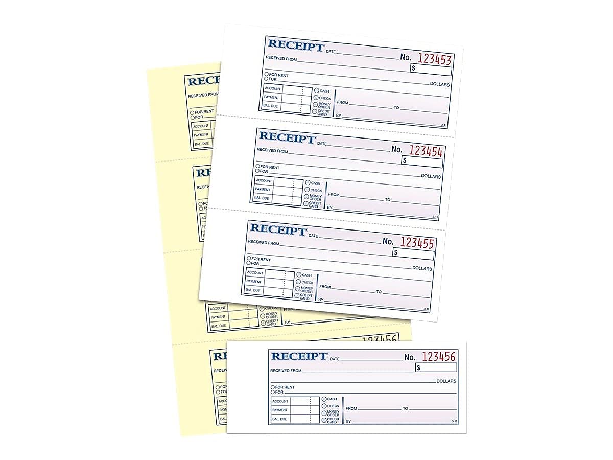 Adams Money and Rent Receipt Book, 2-Part, Carbonless, White/Canary, 7-5/8" x 10-7/8", Bound Wraparound Cover, 200 Sets per Book, 4 Receipts per Page (DC1182)