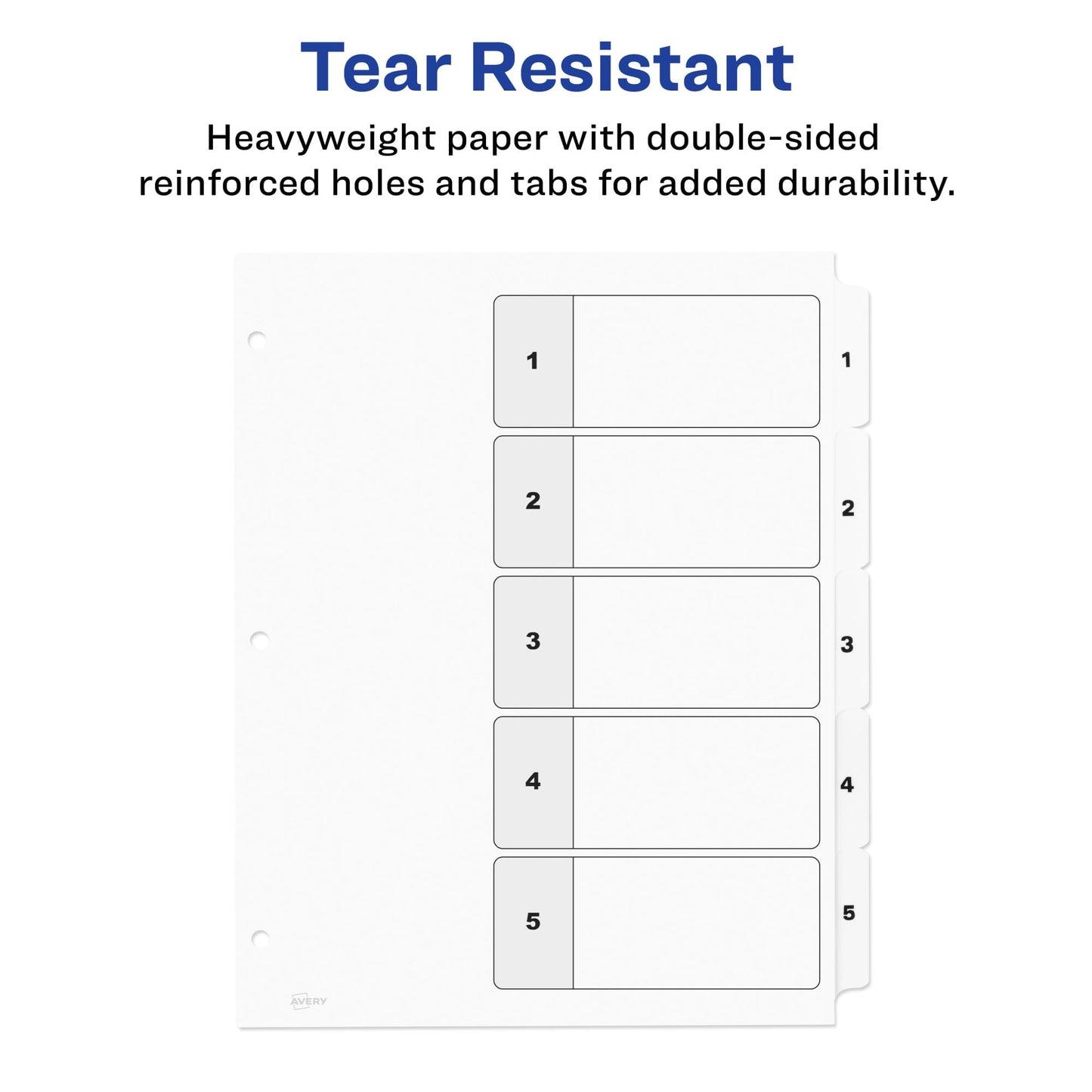 Avery 5 Tab Dividers for 3 Ring Binders, Customizable Table of Contents, Classic White Tabs, 1 Set (11130)