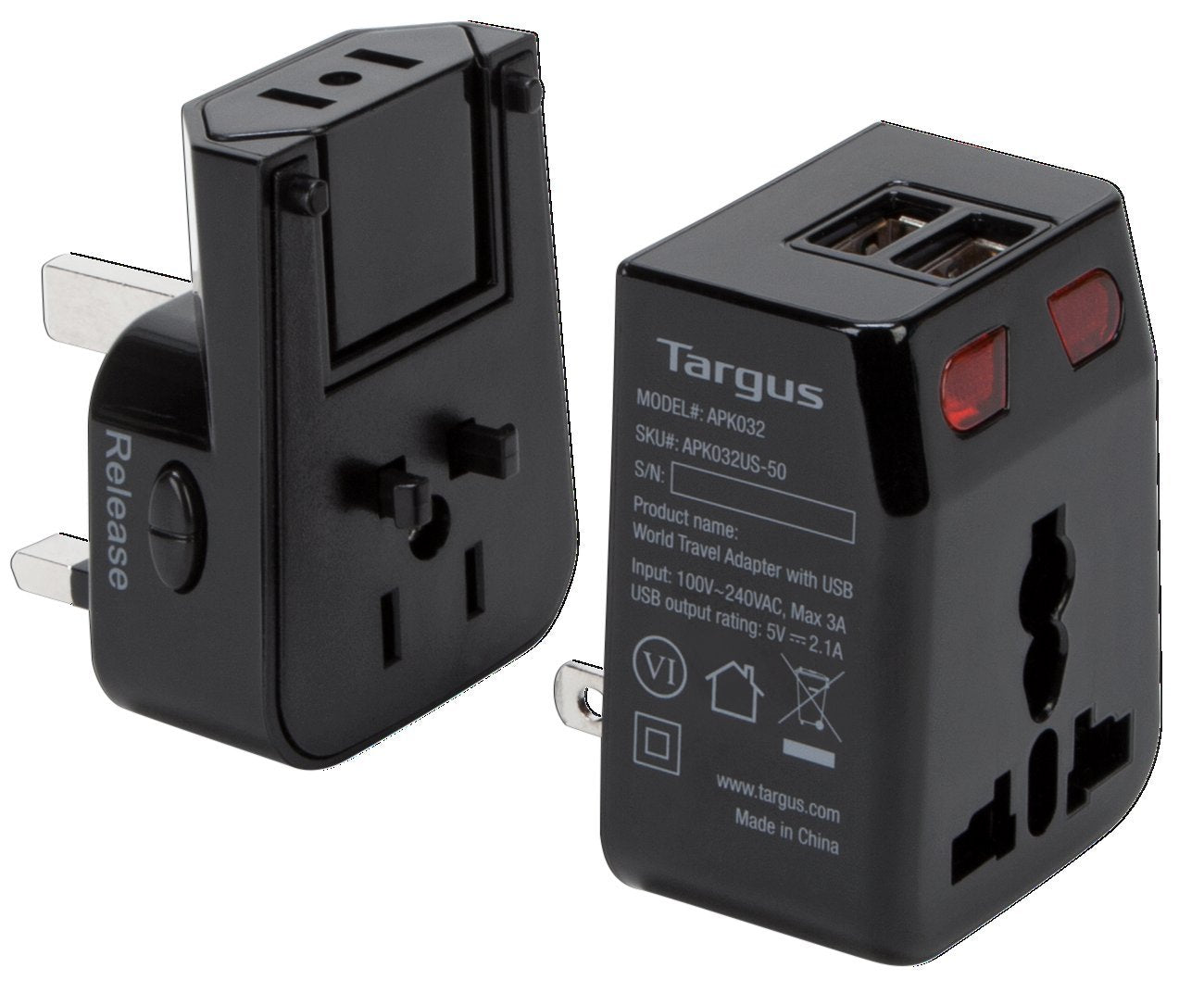 Targus World Travel Power Adapter with Dual USB Charging Ports for Laptop, Phone, Tablet, or Other Mobile Device (APK032US)