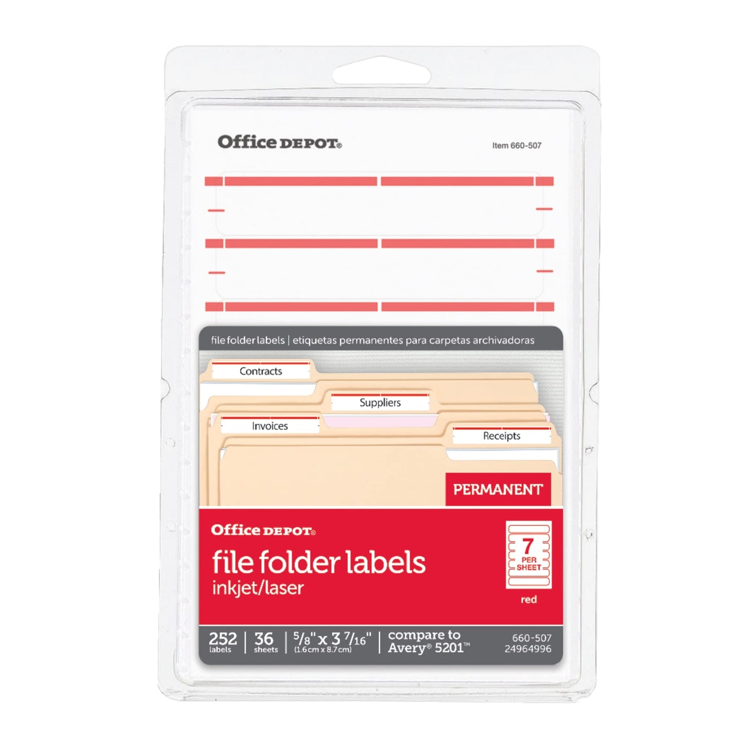 Office Depot Print-Or-Write Color Permanent Inkjet/Laser File Folder Labels, 5/8in x 3 1/2in, Dark Red, 252 pk, OD98818