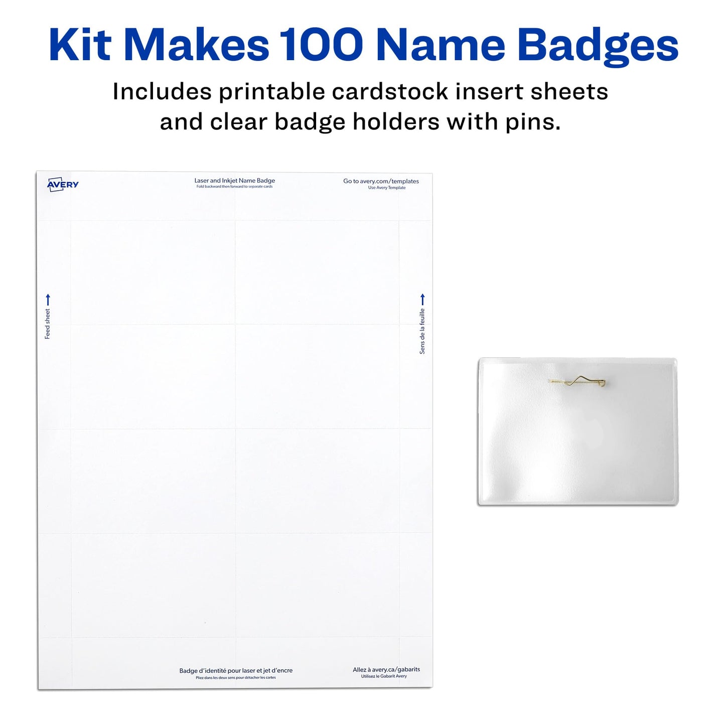 Avery Customizable Name Badges with Pins, 2.25" x 3.5", Clear Name Tag Holders with White Printable Inserts, 100 Pin Style Name Badges (74549)