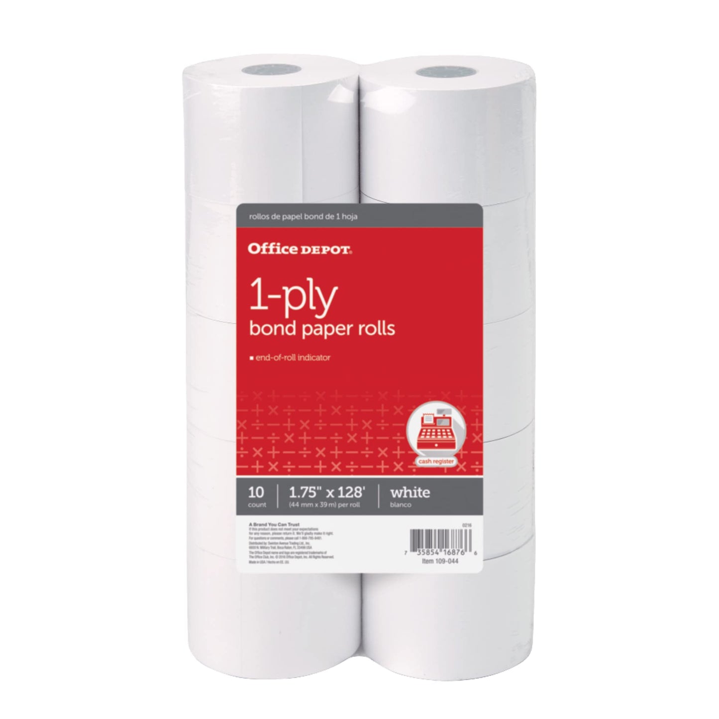 Office Depot 1-Ply Paper Rolls, 1 3/4in. x 128ft., White, Pack Of 10, 109044