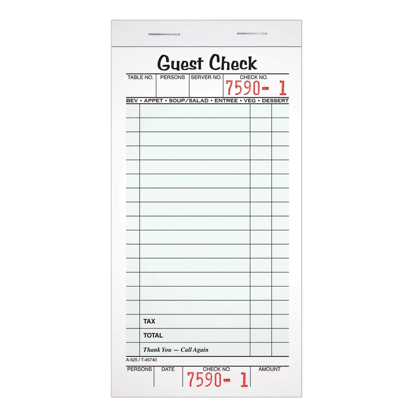 Adams Guest Check Pads, Single Part, Perforated Guest Receipt, 3-2/5" x 6-1/4", 50 Sheets per Pad, 10 Pack (525SW), White