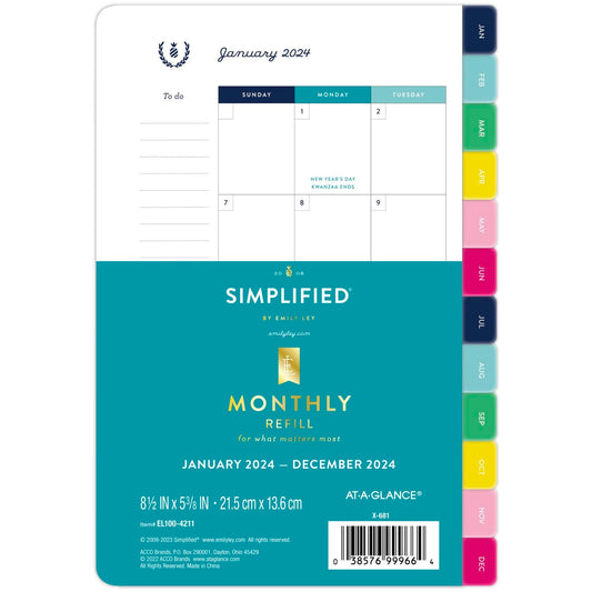 Simplified by Emily Ley for AT-A-GLANCE� Monthly Loose-Leaf Planner Refill, 5-1/2" x 8-1/2", January to December 2024, EL100-4211