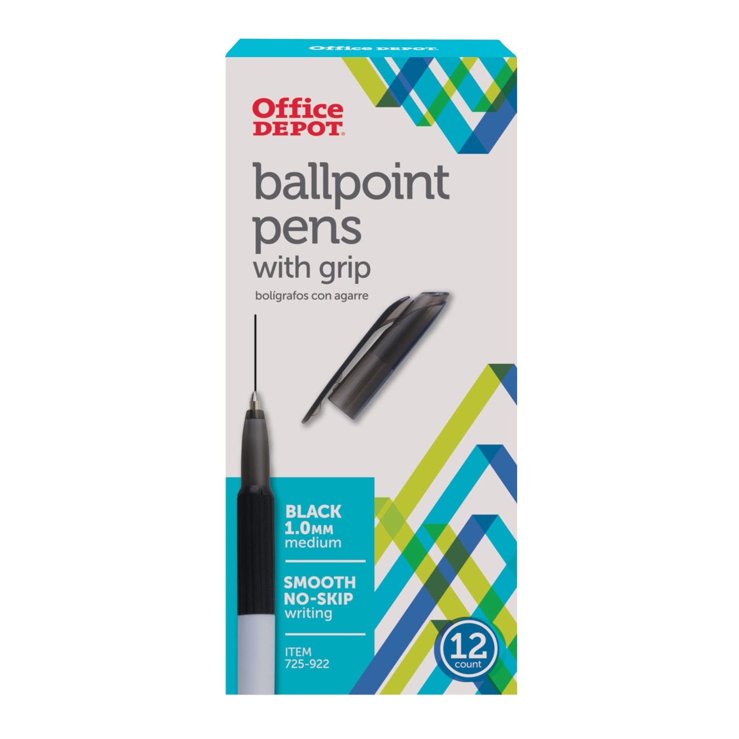 Office Depot Grip Ballpoint Pens, Medium Point, 1.0 mm, White Barrel, Black Ink, Pack Of 12, 19001