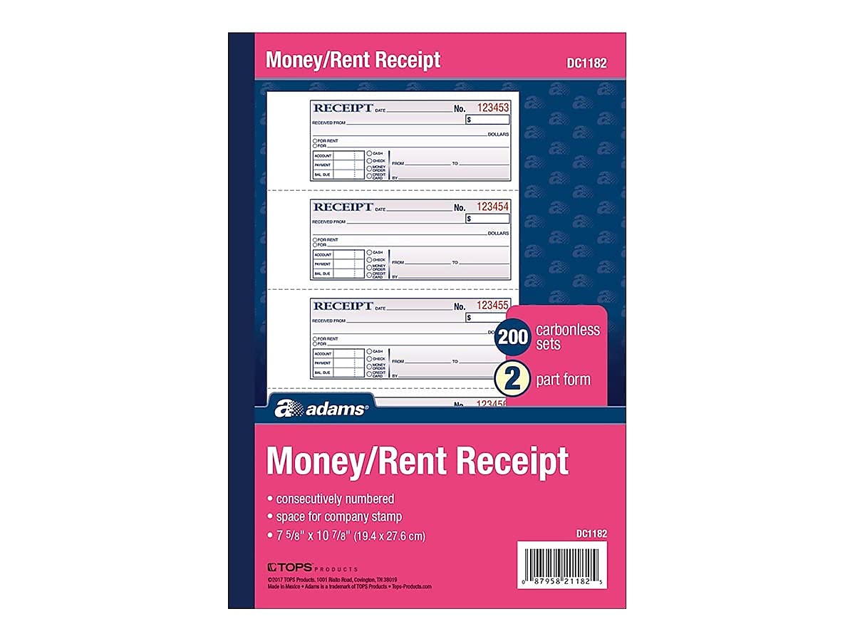 Adams Money and Rent Receipt Book, 2-Part, Carbonless, White/Canary, 7-5/8" x 10-7/8", Bound Wraparound Cover, 200 Sets per Book, 4 Receipts per Page (DC1182)