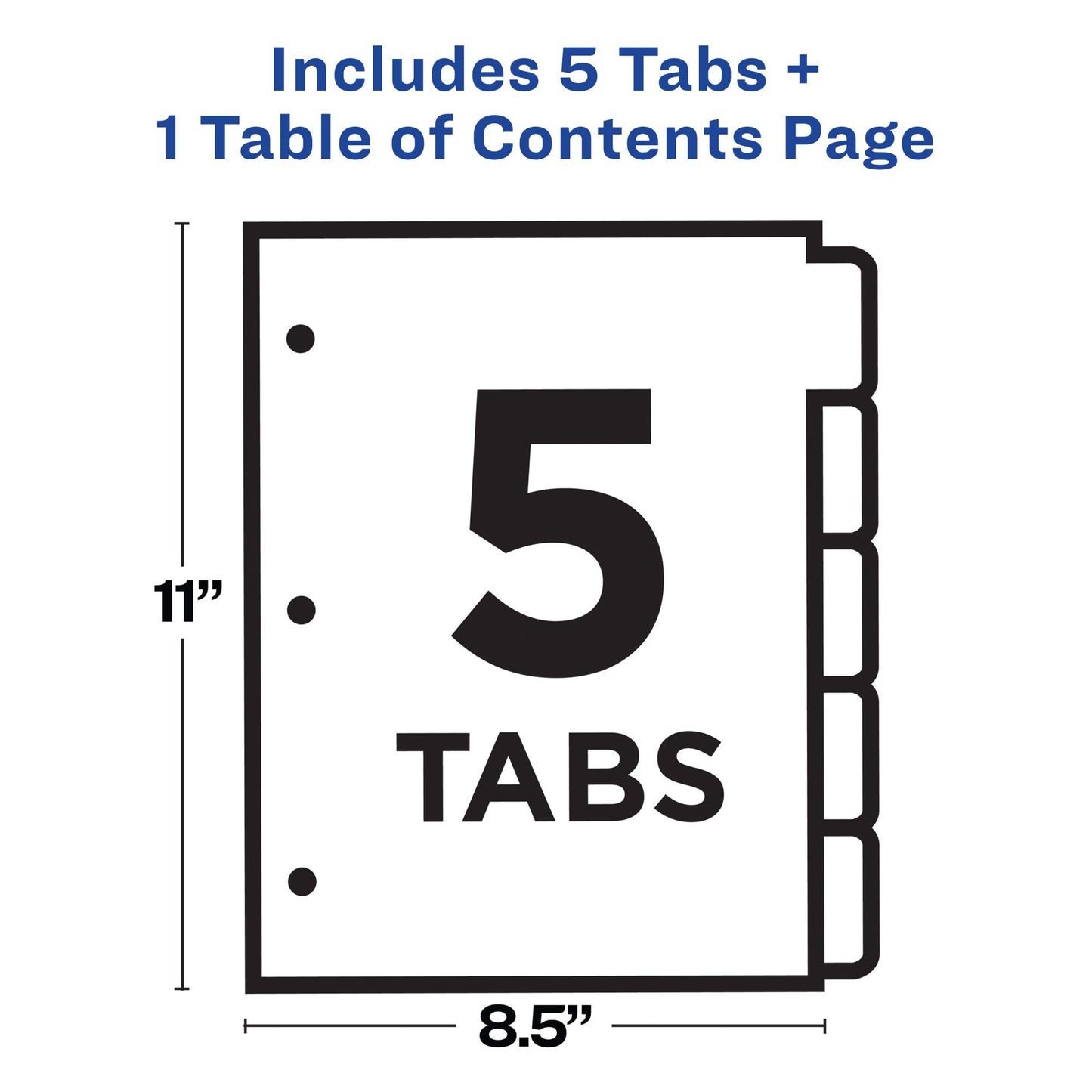 Avery 5 Tab Dividers for 3 Ring Binders, Customizable Table of Contents, Classic White Tabs, 1 Set (11130)