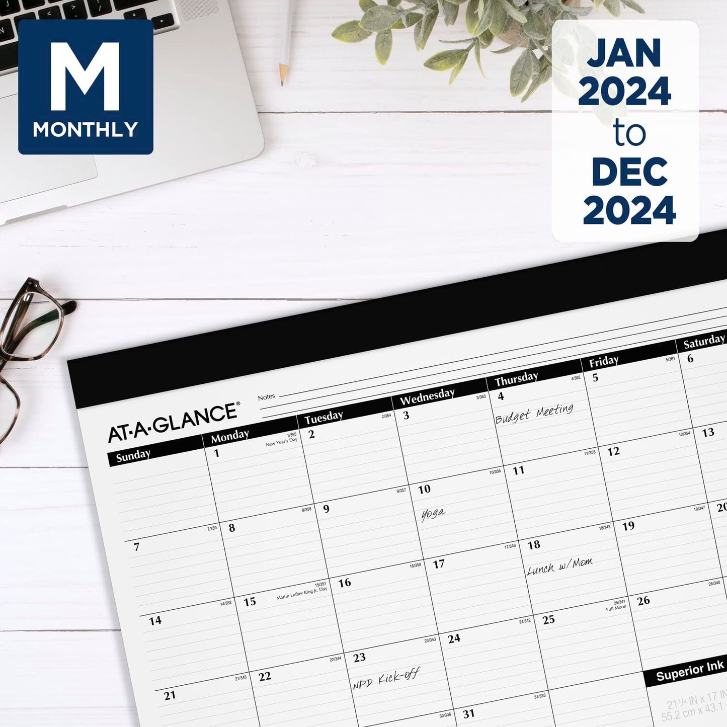 AT-A-GLANCE 2024 Desk Calendar, Monthly Desk Pad, 21-3/4" x 17", Standard (SK220024)