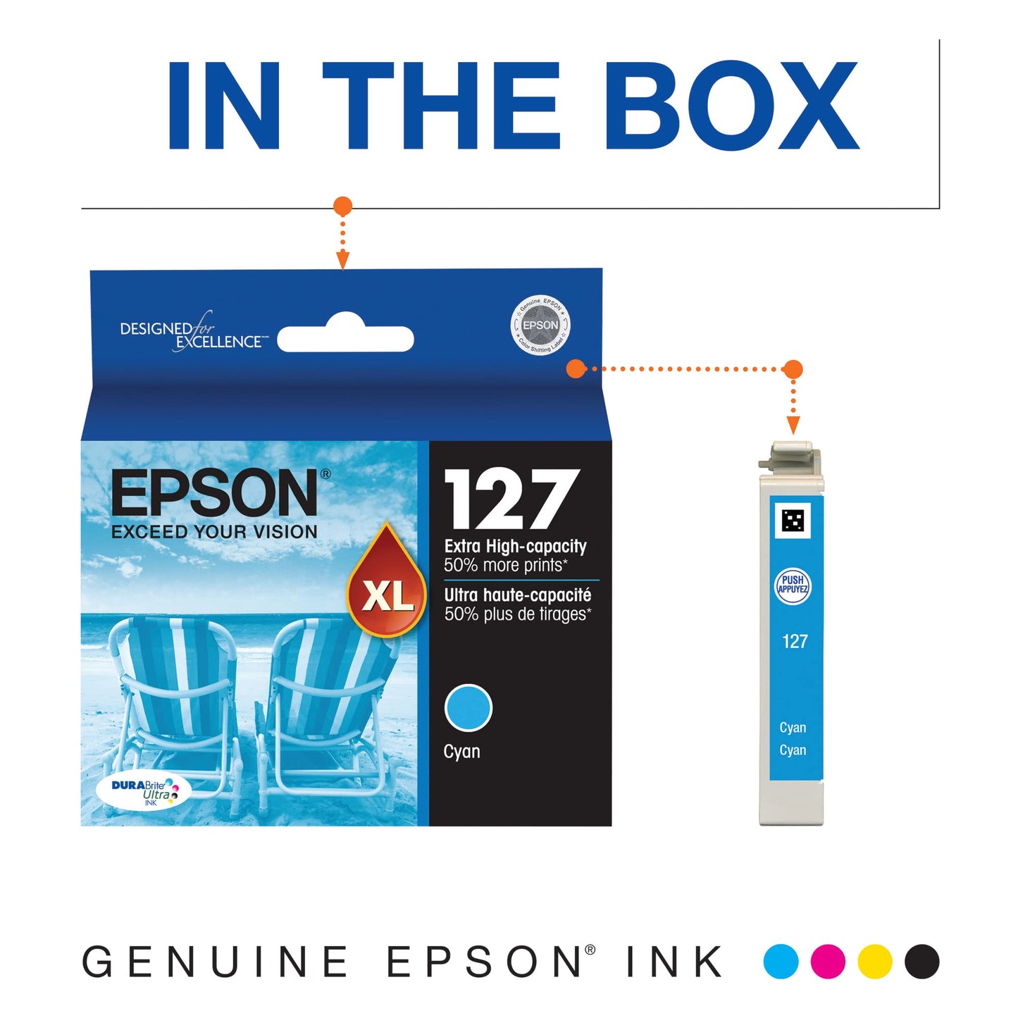 EPSON 127 DURABrite Ultra Ink Cyan Cartridge For NX-530, NX-625, WF-3520, WF-3530,WF-3540,WF-545, WF-60, WF-630, WF-633, WF-635, WF-645, WF-7010, WF-7510, WF-7520, WF-840, WF-845(Packaging May Vary)