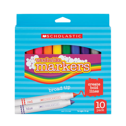 Scholastic Art Markers, Broad Tip, Assorted Colors, Pack Of 10