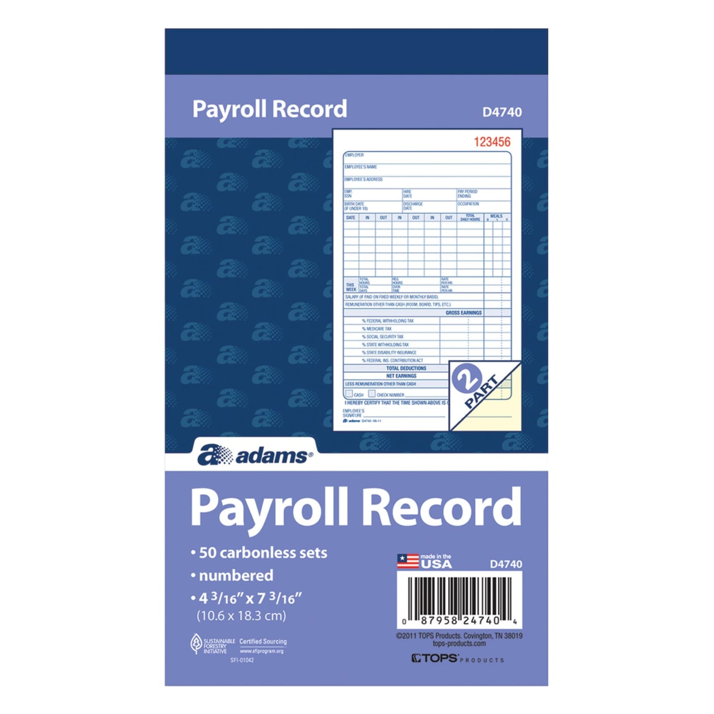 Adams Employee Payroll Record Book, 2 Part, Carbonless, 4.19 x 7.19, 50 Sets per Book, White and Canary (D4740)