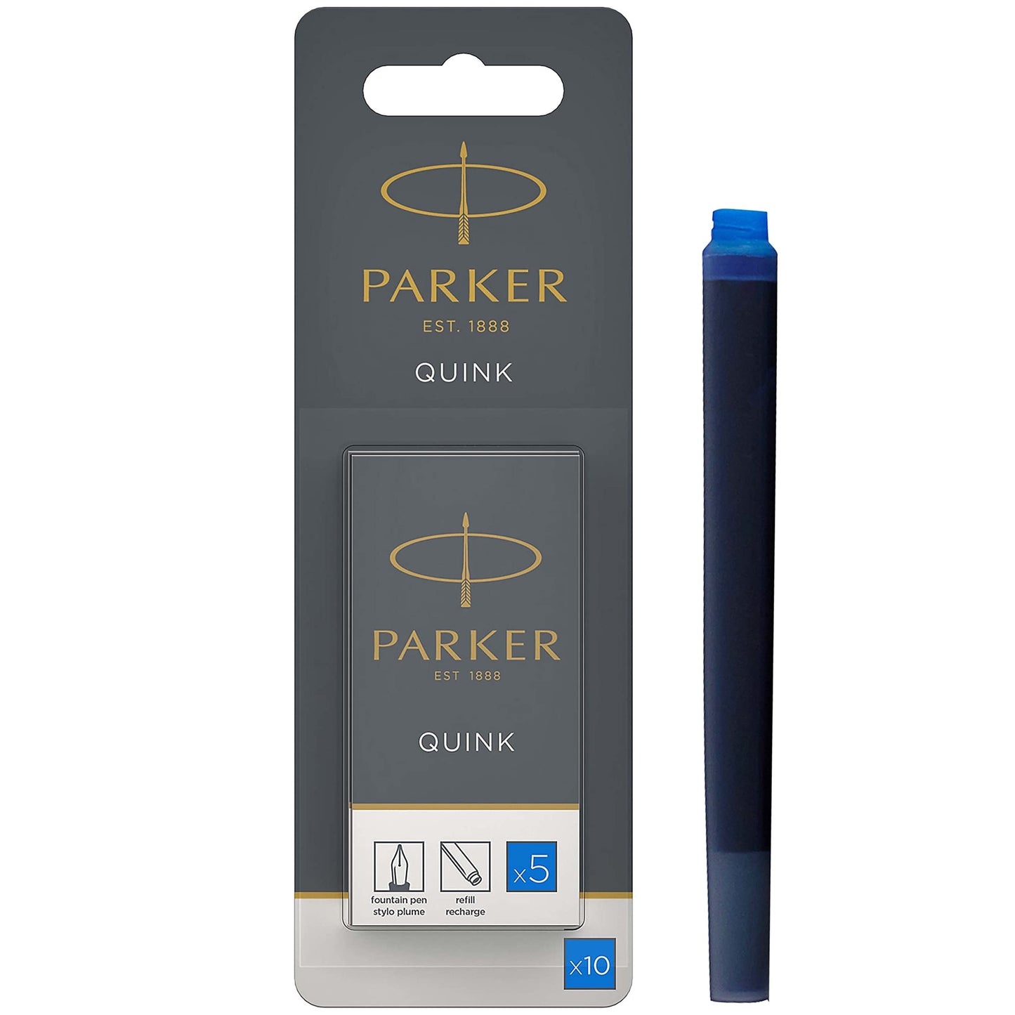 Parker QUINK Long Fountain Pen Ink Refill Cartridges, Washable Blue, 5 Count