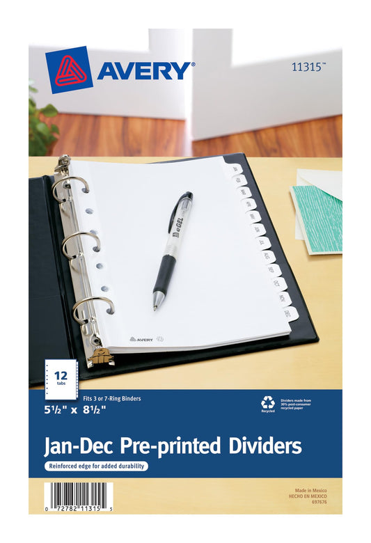 Avery 11315 Preprinted Tab Dividers, 12-Tab, 8 1/2 x 5 1/2