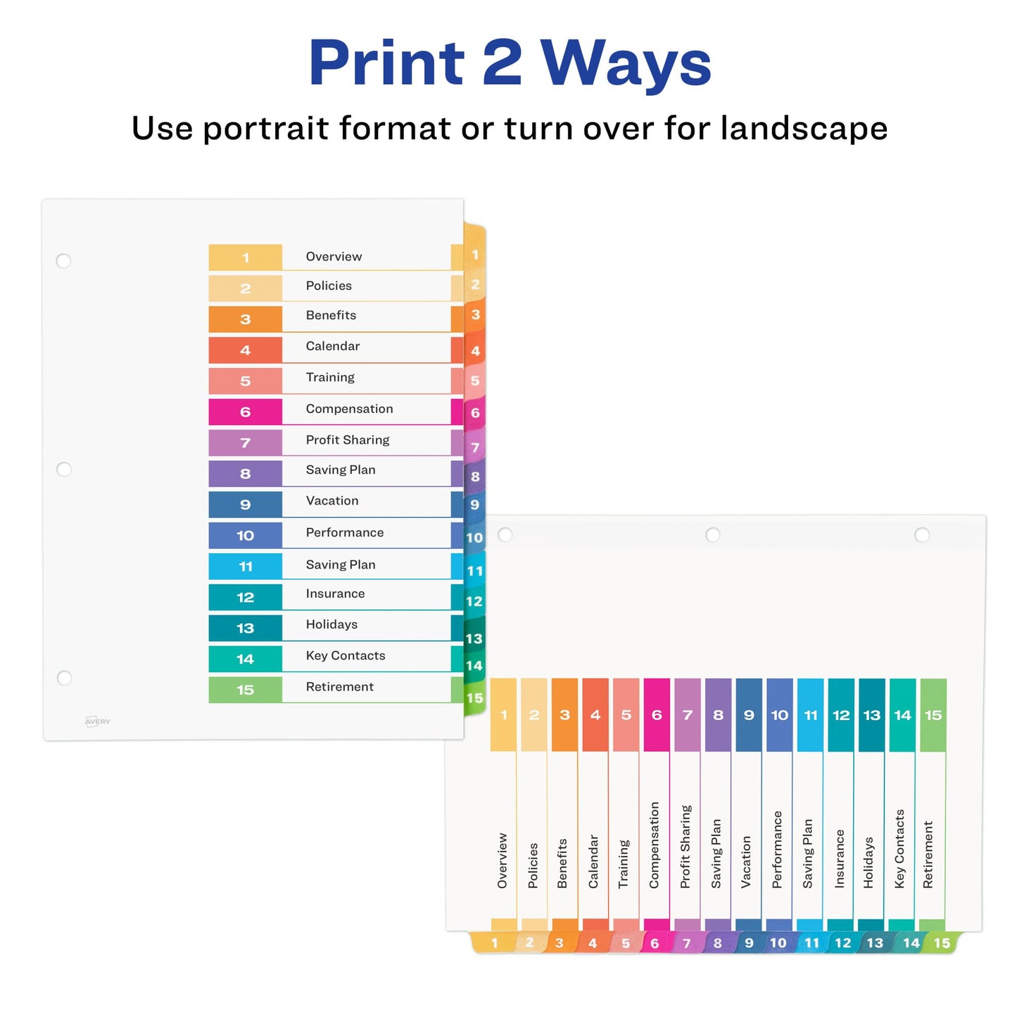 Avery 15 Tab Dividers for 3 Ring Binders, Customizable Table of Contents, Multicolor Tabs, 1 Set (11143)