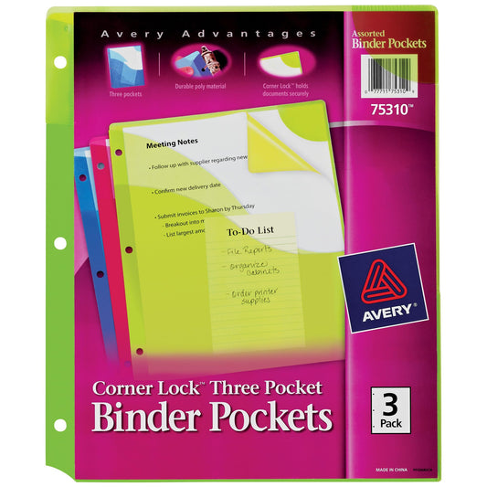 Avery Corner Lock 3 Pocket Binder Pockets for 3 Ring Binders, Assorted Colors (Blue, Green and Pink), Pack of 3 Binder Pockets (75310)