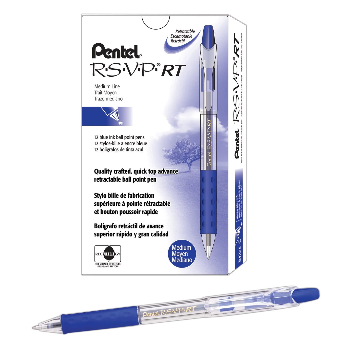 Pentel� R.S.V.P.� RT Retractable Ballpoint Pens, Medium Point, 1.0 mm, 61% Recycled, Transparent Blue Barrel, Blue Ink, Pack Of 12 Pens