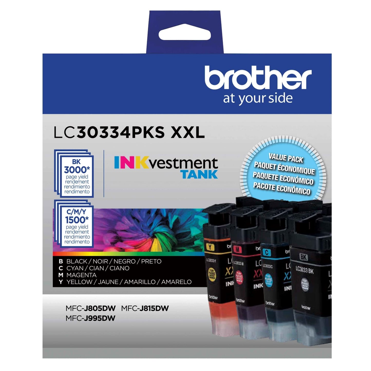 Brother Genuine LC30334PKS 4-Pack, Super High-Yield INKvestment Tank Ink Cartridges; Includes 1 Cartridge Each of Black, Cyan, Magenta & Yellow, Page Yield Up to 1,500 Pages/Cartridge, LC3033