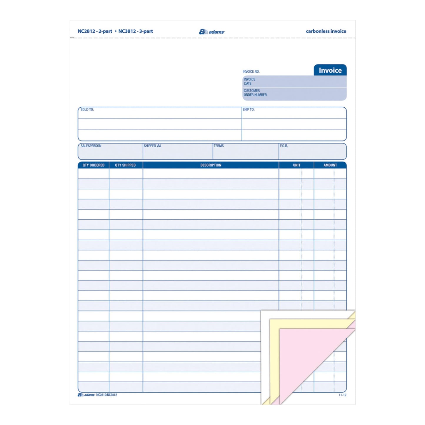 Adams Invoice Unit Set, 8.5 x 11.44 Inch, 3-Part, Carbonless, 100-Pack, White and Canary and Pink (NC3812)