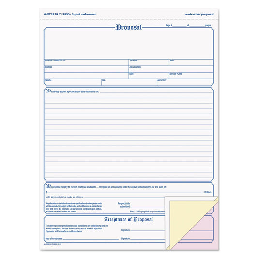 Adams Contractor's Proposal Forms, 8.5 x 11.44 Inch, 3-Part, Carbonless, 50-Pack, White, Canary and Pink (NC3819)