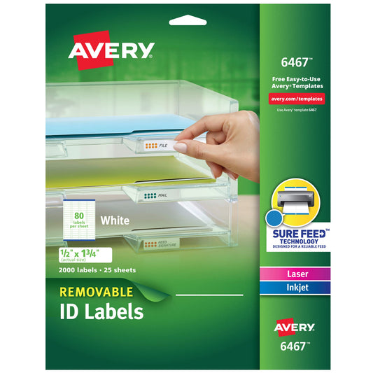 Avery Removable ID Labels, Sure Feed Technology, 0.5" x 1.75", 5 Packs (6467)