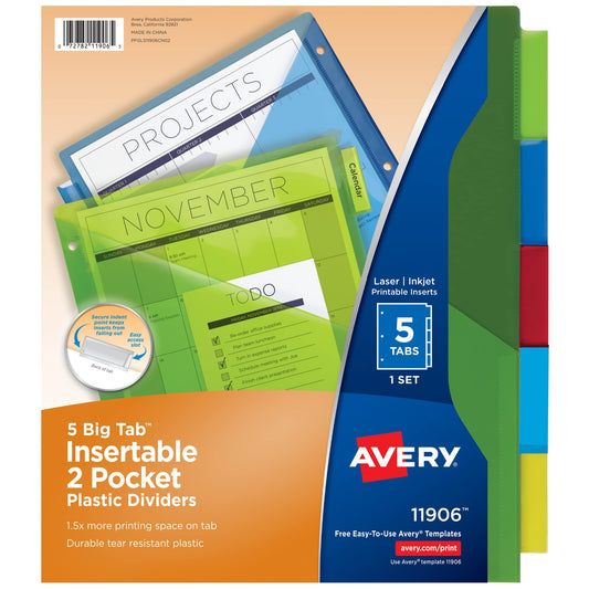 Avery Dividers for 3 Ring Binders, 5 Tab Binder Dividers, Two-Pocket Plastic Binder Dividers, Insertable Big Tabs, Multicolor, Works with Sheet Protectors, 1 Set (11906)
