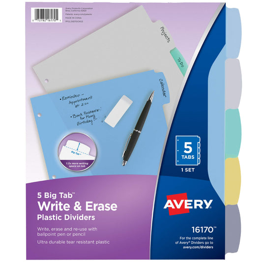 Avery Big Tab Write & Erase Durable Plastic Dividers for 3 Ring Binders, 5-Tab Set, Pastel Multicolor, 1 Set (16170)